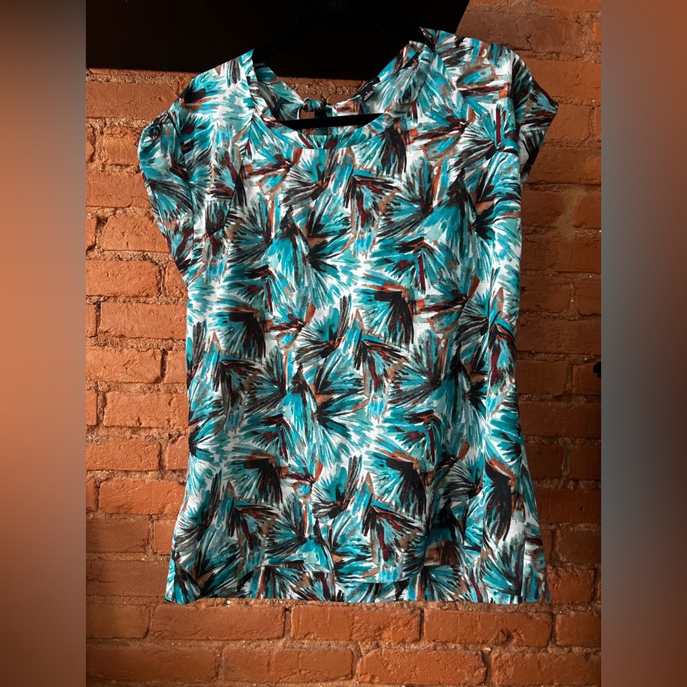 Ann Taylor Teal & Brown Leaf Print Blouse | Short Sleeve Tie-Back Top | Large
